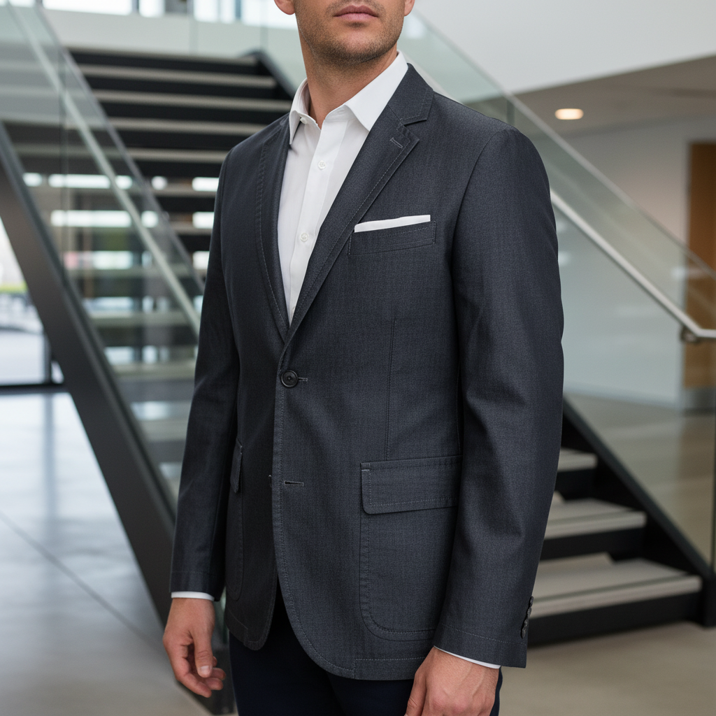 Blazer de Mezclilla Gris Oscuro Slim Fit | Estilo Casual Chic | Talla M (48) | Vistemen