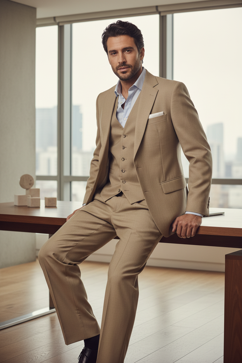 Traje Completo Terno Café Claro con Chaleco | 3 Piezas | Talla XL (52) | Vistemen