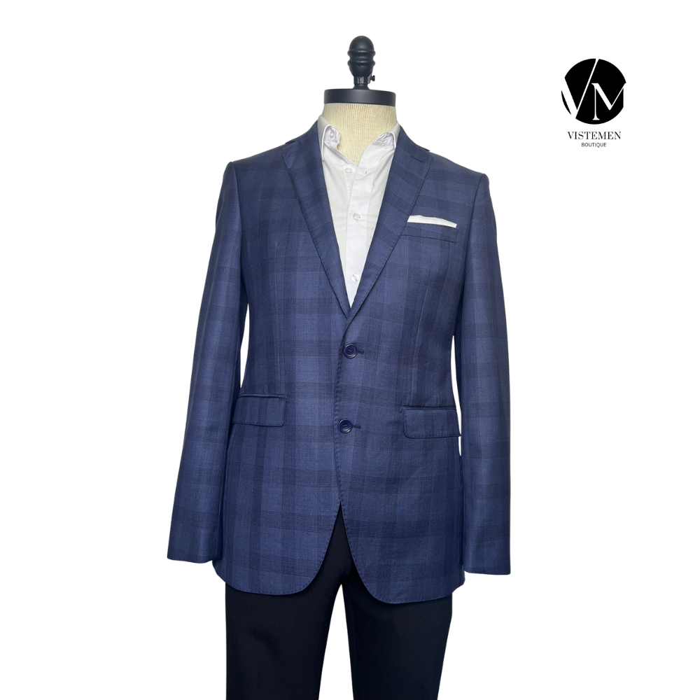 Blazer Reda de Lana Cuadrillé Azul Oscuro | Slim Fit | Sastrería de Lujo | Talla M (48) | Vistemen