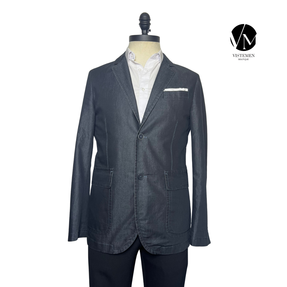 Blazer de Mezclilla Gris Oscuro Slim Fit | Estilo Casual Chic | Talla M (48) | Vistemen