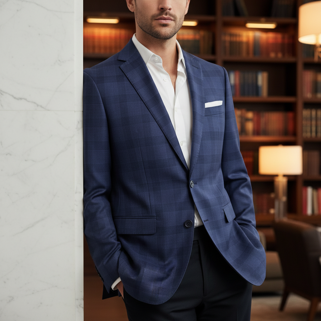Blazer Reda de Lana Cuadrillé Azul Oscuro | Slim Fit | Sastrería de Lujo | Talla M (48) | Vistemen