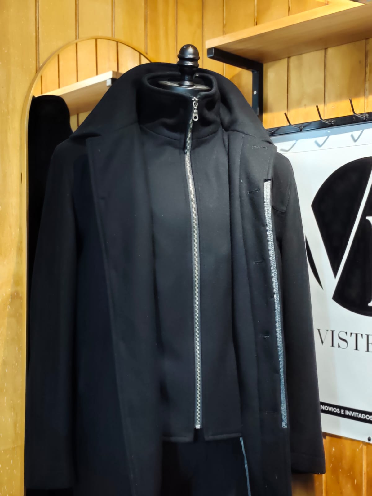 Abrigo 3/4 Lana Negra | Cuello Alto y Sobrecierre | Talla M (48) | Vistemen