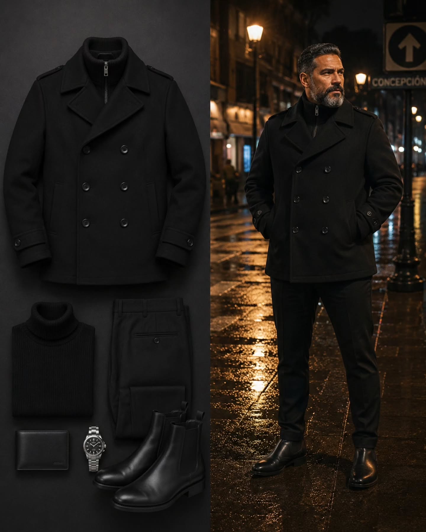 Abrigo Pea Coat Adolfo Negro 3/4 – Talla 3XL (56)